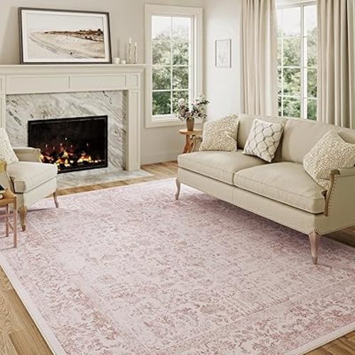 Pink Area Rug 6x9 Machine Washable Vintage Living Room Distressed Non Slip Carpet Traditional Indoor Bedroom Retro Floral Accent Throw Large Rug for Office Kitchen Dining Room