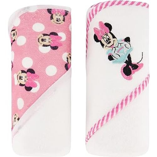 Disney Cudlie Baby Girl Minnie Mouse 2 Pack Rolled/Carded Hooded Towels in Happy Dots Print