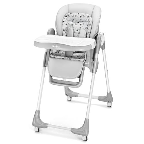Babilous Foldable High Chair with Soft Cushion, High Chairs for Babies and Toddlers, Height Adjustable Feeding Chair, Adjustable Backrest and Footrest, Lockable Wheels, Star Gray