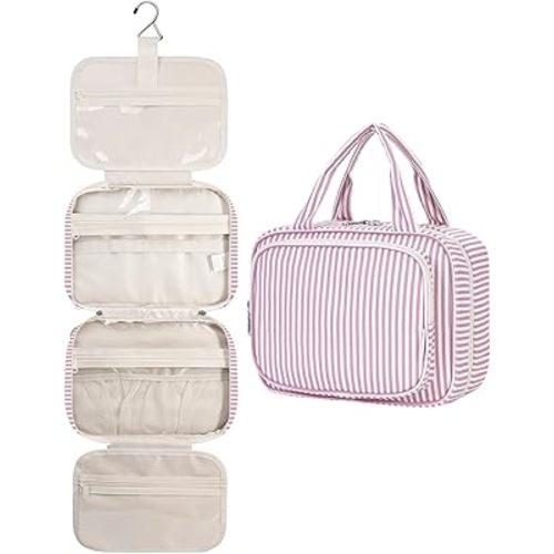 Narwey Striped Hanging Toiletry Bag for Women Travel Makeup Bag Organizer Toiletries Bag for Travel Size Essentials Accessories Cosmetics (Dusty Pink Stripe (Medium))
