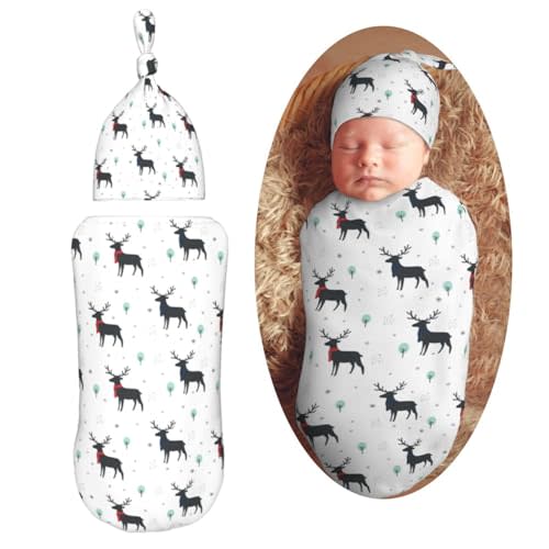 Muishi Christmas Deer Newborn Swaddle Blankets Hat Sets Soft Baby Receiving Blanket Swaddle Sack for Baby Shower Infant Boy Girl Gift