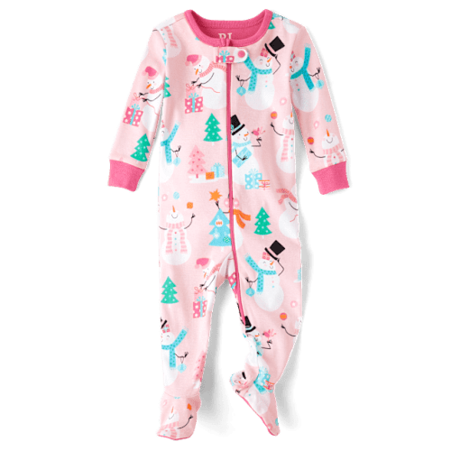 Baby And Toddler Girls Snowman Snug Fit Cotton Footed One Piece Pajamas - Pink