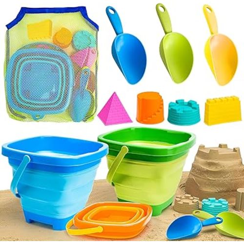Collapsible Beach Toys Sand Toys for Toddlers 1-3, Beach Toy Sand Toy for Kids Ages 4-8, Collapsible Beach Sand Buckets Toys for Kids, Sandbox Toys for Toddler with Castle Sand Mold Shovel