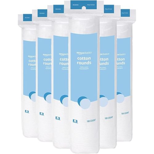 Amazon Basics Hypoallergenic 100% Cotton Rounds for Makeup Removal and Skincare, 600 Count, 6 Packs of 100 Count