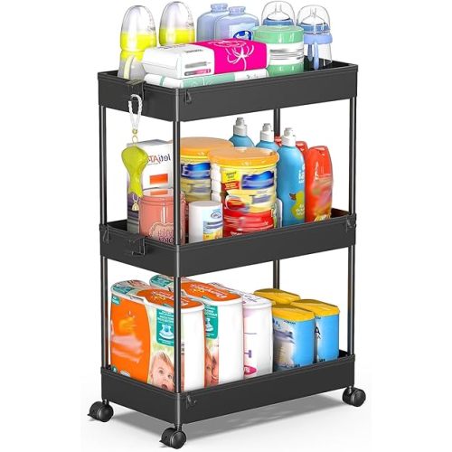 SPACEKEEPER Rolling Storage Cart 3 Tier Bathroom Cart Organizers with Wheels Laundry Room Organization Mobile Shelving Unit Utility Cart Storage Shelves Multi-Functional for Office, Home, Black