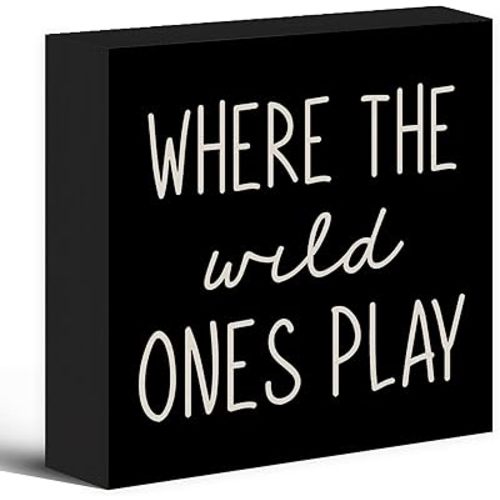 Where The Wild Ones Play Black Wood Box Sign Desk Decor 5X5, Nursery Kids Room Wooden Block Sign Decorations for Playroom Toddler Boys Girls Room Wall Tabletop Shelf Decor