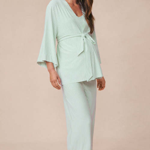 LAKE | Women | DreamModal® Pajamas | Parisian Green Pencil Stripe Maternity Kimono Bundle