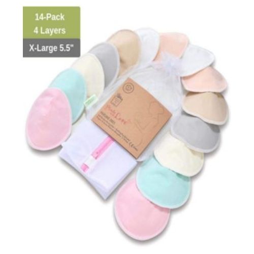 Maternity 14pk Organic Nursing Pads, Washable Breast Pads + Wash Bag, Reusable Nipple Pads
