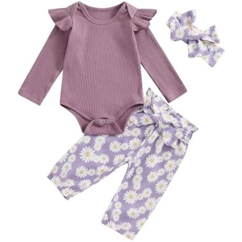 Kaipiclos Newborn Infant Girl Clothes Rib Knit Romper Daisy Print Pants Headband Baby Clothes for Girls 0 3 6 12 18 24 Months