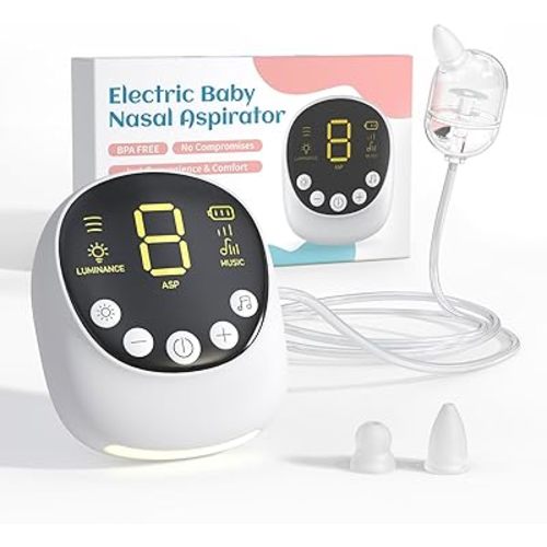 Nasal Aspirator for Baby, Hospital Grade, Electric Baby Nose Sucker with Adjustable 9 Levels Suction, Rechargeable with Night Light and Nursery Rhyme, White