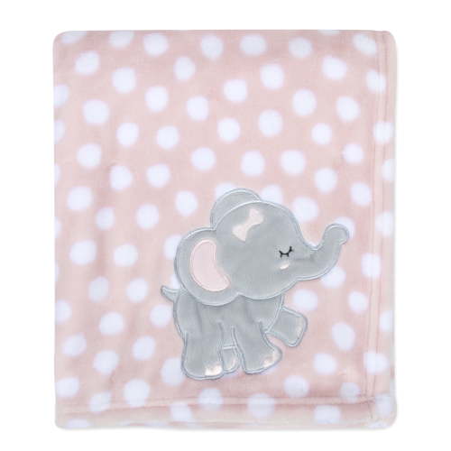 Baby Essentials 36L x 30W Embroidered Playful Soft Plush Fleece Throw Blanket for Newborns, Infants and Toddlers for Sleep, Cuddling, Swaddling and Lounge with Pink Elephant