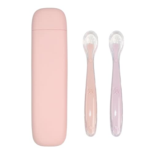 LITTLE RAWR Silicone Baby Feeding Spoons with Storage Box, First Stage Infant Soft-Tip Easy on Gums I Training Spoon Self | Utensils Supplies (Pink)