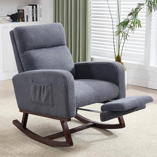 Rocking Chair Nursery with Foot Rest, Teddy Nursing Rocking Chairs for Mom Breastfeeding, Rocker Glider Chair with High Backrest for Living Room, Bedroom, Blue Grey