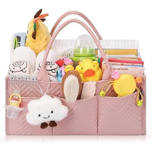 Large Diaper Caddy - Baby Storage Basket as Shower Gift, Portable Tote Bag for Newborn Essentials - Car Caddy Organizer, Must Haves Find Registry, Nursery Storage Basket for Wipes Diapers - Pink