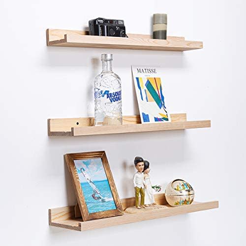 AZSKY 24 Inch Floating Shelves Natural Wood Wall Mounted Set of 3,Wooden Large Picture Ledge Shelf for Home Decoration for bedrooms,Office,Living Room, Kitchen ,3 Same Sizes
