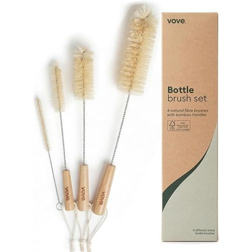 Vove Bottle Brush Set, 4 Natural Sisal Bottle Brushes with Long Bamboo Handles, Plastic-Free Bottle & Straw Cleaner Set, Zero Waste, Stainless Steel Wire, FSC Certified Bamboo, Kraft Packaging