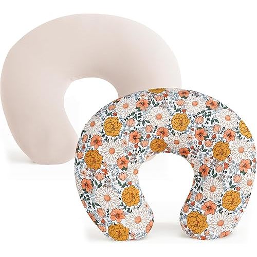 Konssy 2 Pack Nursing Pillow Covers, Stretchy and Soft Nursing Cover for Breastfeeding Pillows, Pillow Slipcover for Baby Girls Boys Newborn (Beige, Floral)