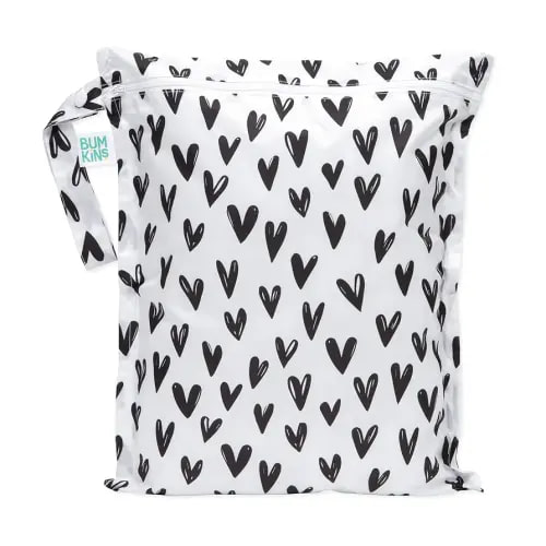 Bumkins Waterproof Wet Bag for Baby, Travel, Swim Suit, Cloth Diapers, Pump Parts, Pool, Beach, Gym Clothes, Toiletry, Hook to Stroller, Daycare, Zipper Reusable Wetdry Packing Pouch, Black Hearts