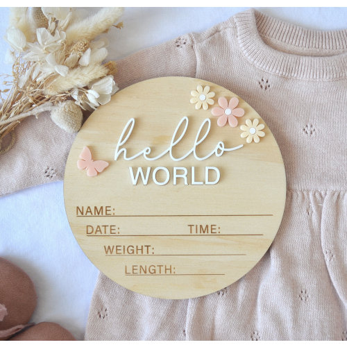 Hello world | Floral Baby Announcement Plaque | Newborn photo shoot | Newborn announcement | Photo prop | Hello world Sign | Baby plaque |