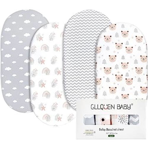 Gllquen Baby Bassinet Sheets 4 Pack, Breathable Cozy Fitted Mattress Sheet, Elastic Travel Crib Fashionable Floral Pattern, Standard Cradle Safe Sheets for Baby Boy Girls 32"X16"(Rainbow)