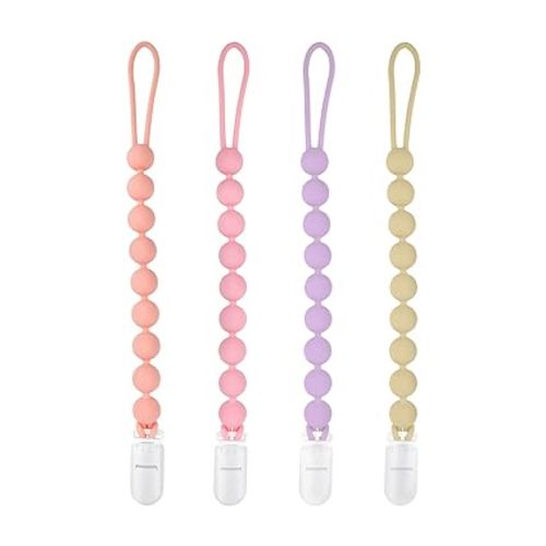 Silicone Pacifier Clip Holder, 4 Pack One Piece Soft Flexible Binky Clips Pacifier Holder Clip for Girls, Baby Newborn Essentials, Teething Relief, Birthday Christmas Shower Gift - Sytle 1