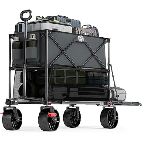 TIMBER RIDGE 400L Large Capacity Folding Double Decker Wagon with Brakes, 54" Extra Long Extender Wagon Cart, 450lbs Heavy Duty Collapsible Cart, All-Terrain Big Wheels for Camping, Sports, Shopping