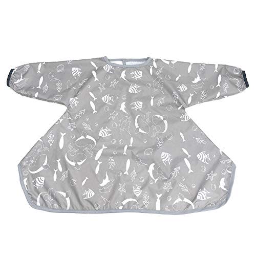 HIVVI Long Sleeve Baby Bib, Attaches to Highchair, Waterproof & Portable (Gray Seaworld)