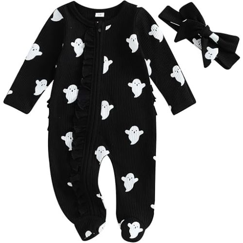 Newborn Baby Girl Halloween Outfit Ghost Romper Jumpsuit Long Sleeve Footie Fall Clothes Headband