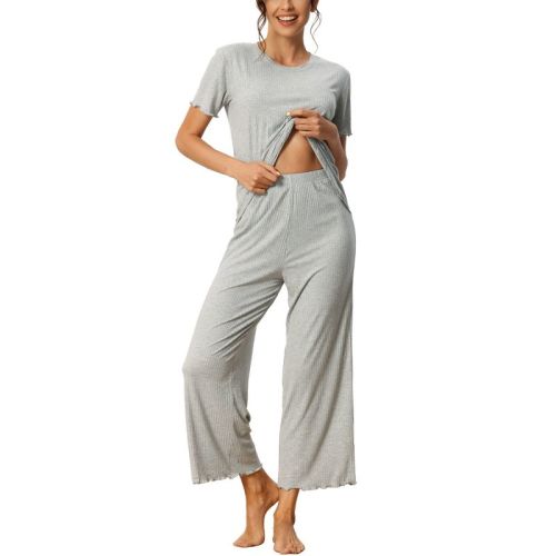 cheibear Women's Pajama Set Ruffle Round Neck Soft Knit Short Sleeve Shirt with Pants Capri Loungewear Medium Blue