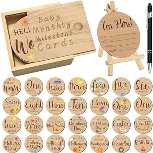 Wesiti 31 Pcs Baby Monthly Milestone Sign Wooden Set Double Sided Hello World Milestone Cards Pregnancy Journey Birth Announcement Props for Baby Boy Girl (Novel)