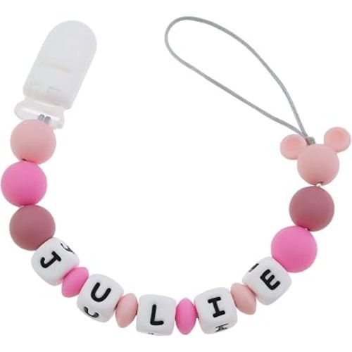 Customized Silicone Pacifier Clip, Pacifier Holder Sets for Boys and Girls, Personalized Adorable Mouse Pacifier Clips Fits for Most Pacifier, Baby Teethers, Baby Shower and Baby Gift (Pink)