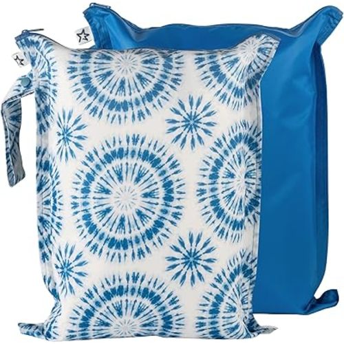 Tiny Twinkle Mess-proof Wet Bags 2 Pack Waterproof and Washable Bag for Travel storage, Stroller, Daycare, Baby Diapers, Yoga, Beach, Pool, Wet Toddler Swimsuits (Blue Tie Dye)
