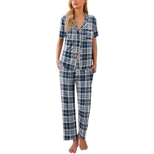 Ekouaer Women Pajamas Set Button Down Sleepwear Short Sleeve Nightwear with Long Pants Soft Pjs Set S-XXL