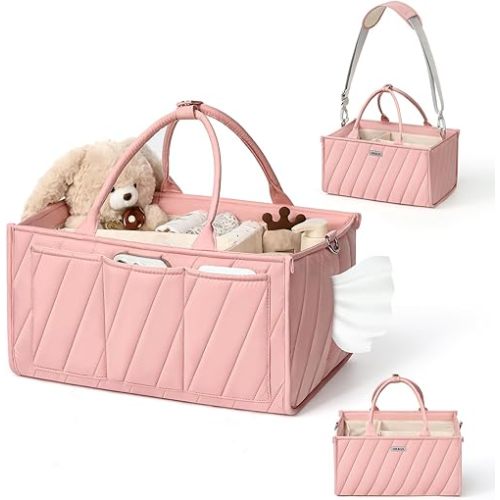 Diaper Caddy Organizer for Baby Essentials – Soft Blush Pink Storage Basket with Compartments, Shoulder Strap & Stroller Hooks – All-in-One Multifunctional Diaper Storage Tote for Nursery & Car