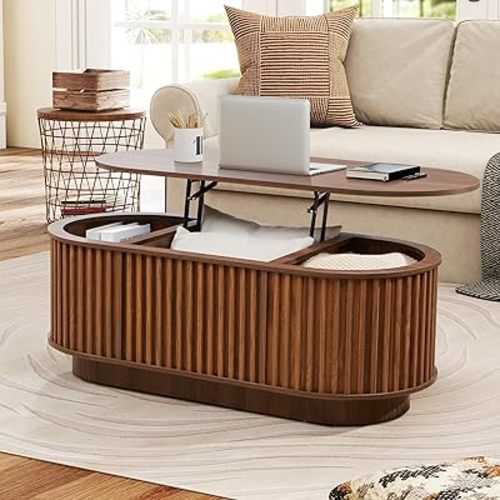 Oval Lift Top Coffee Table with Storage, 43.3”Mid Century Modern Center Table with Hidden Compartment, Fluted Wooden Lift Tabletop Dining Tables for Living Room Apartment Home Office,Walnut