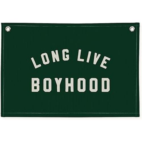 Long Live Boyhood Boys Room Decor - Linen Banner Wall Hanging Canvas Banner Flag Decor for Toddler Boy Room Nursery Playroom - Dark Green