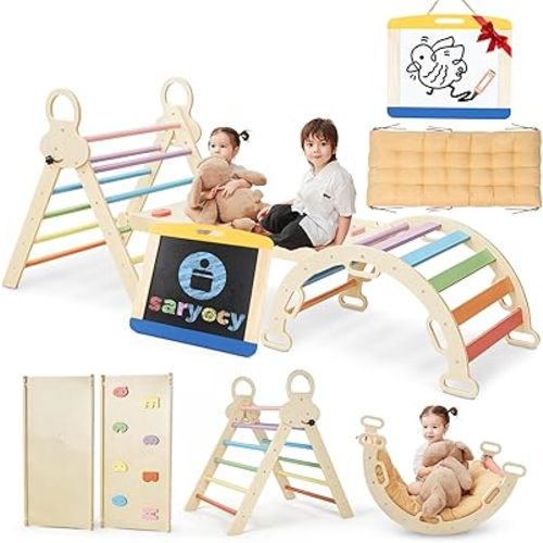 Pikler Triangle Set for Kids, 8 in 1 Colorful Montessori Large Climbing Toys for Toddlers 1-6 Inside with Arch, Ramp and Foldable Climbing Triangle, Climbing Toys with Cushion pad and a Chalkboard
