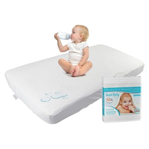 Vesta Baby Crib Mattress Pad Cover Protector Noiseless Waterproof Natural Bamboo Soft Jacquard Fitted Sheet for Infant and Toddler Standard Size Cribs - Feather