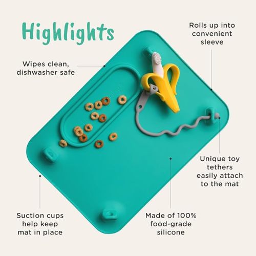 BUSY BABY Silicone Mat - Suction Cups, 4 Straps to Secure Baby Essentials, Self Feeding, Baby Led Weaning, Travel Sleeve Included (Blue)