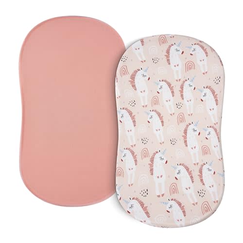 TILLYOU Baby Bassinet Sheets for Girls Boys, Fit for Hourglass Oval Rectangle Bassinet Mattress Sheets, 33”X16”, 2 Pack Unicorn & Meat Powder