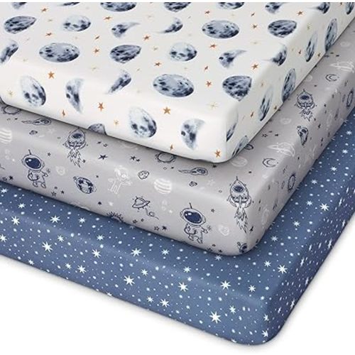Pack and Play Sheets Fitted 3 Pack, Mini Crib Sheets for Pack N Play Mattress Stretchy Portable Playard Sheets, Soft Breathable Grey & Blue Moon