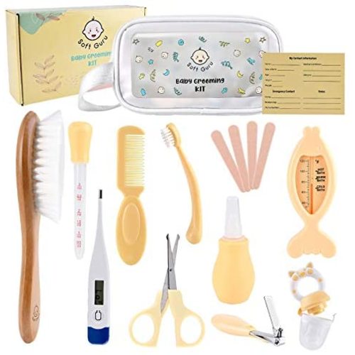 Soft Guru Baby Healthcare and Grooming Kit | Nursery Essentials for Newborns Gift Set | Includes Thermometer, Nail Clippers, Soft Brush & Baby Shower Basket Registry Items.