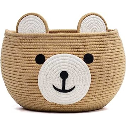 CherryNow Baby Gift Basket for Newborn, Empty Gift Basket with Handles, Medium Animal Basket for Toy Clothes Towel, Woven Rope Bear Basket for Kids, Brown, 15.7"D x 10.5"H