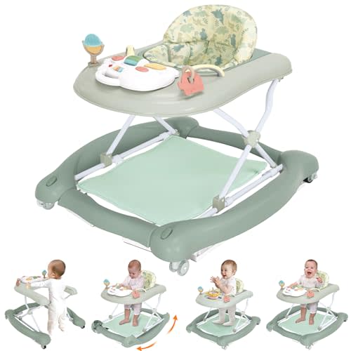 Foldable Baby 5-in-1 Activity Walker - Rocker, Activity Center, Bouncer, Seat Walker, Push Walker - Adjustable Speed Rear Wheels and Height Toys Ages 6-18 Months… (Light Green)