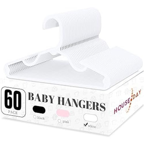 HOUSE DAY Plastic Baby Hangers for Closet 60 Pack, Durable Plastic Kids Hangers for Baby Clothes, Thin & Compact Childrens Hangers, Space Saving White Baby Hangers, Small Hangers for Kids Clothes
