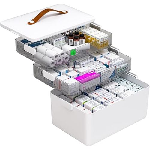 JOYBOS 3-Tier Medicine Cabinet Organizer, Empty First Aid Kit Portable Medication Storage Box with Leather Handle for Home