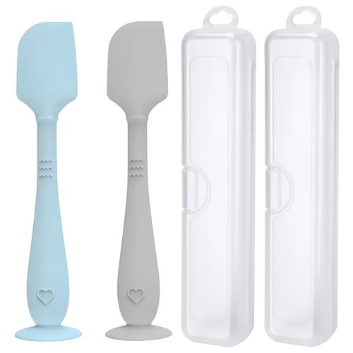2 Pack Diaper Cream Spatula with Hygienic Travel Case, Butt Spatula Baby with Suction Base, Baby Butt Paste Spatula, Soft Silicone Diaper Rash Cream Applicator Large Size (Blue & Gray)