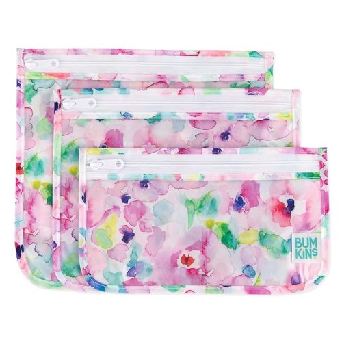 Bumkins Travel Bag, Toiletry, TSA Approved Pouch, Zip Bag, Quart Size Airline Compliant, Clear-Sided, Baby, Diaper Bag Organization, Makeup, Accessories, Packing, Set of 3 Sizes, Watercolors Floral - B5 Watercolors