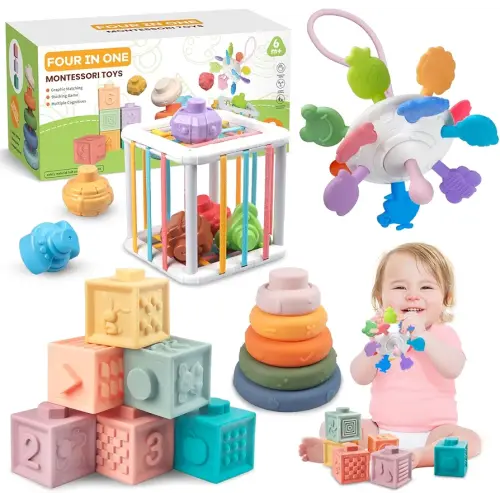4-in-1 Baby Toys for 6-12 Months, Montessori Soft Stacking Blocks for Babies, Infants Teething Toys, Sensory Balls and Educational Learning Set for Toddlers (Boys & Girls)