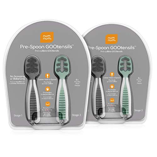 NumNum Pre-Spoon GOOtensils | Baby Spoon Set (Stage 1 + Stage 2) | BPA Free Silicone Self Feeding Toddler Utensils | For Kids Ages 6 Months+, 2-Pack (Four Spoons), Storm Gray/Glacier Green